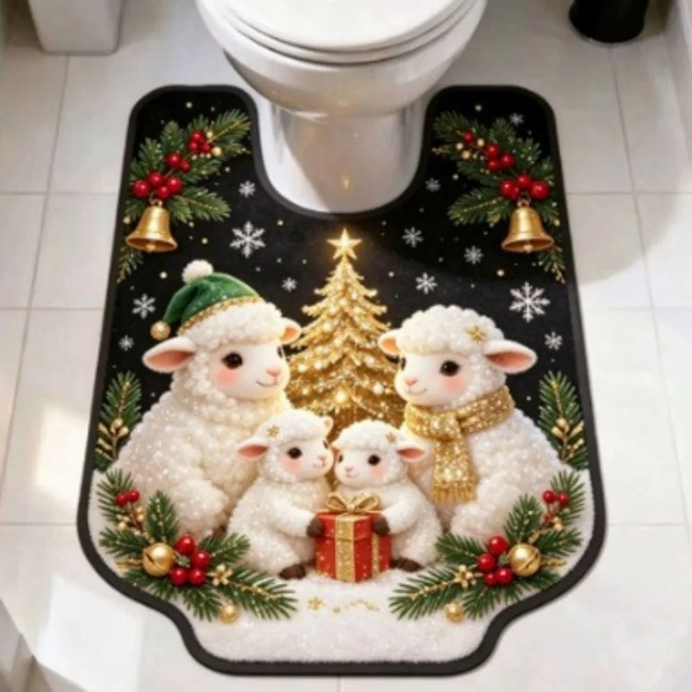 2D Flat Christmas Sheep Toilet Mat Quick Drying Water Absorbing U-shaped Floor Mat Decoration Christmas Tree