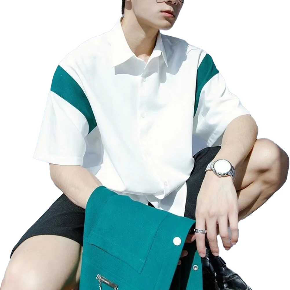 

Male Top Men Shirt Breathable Handsome Lapel Leisure Shirt Minimalist Short Sleeve Simple Skin-friendly Hot New
