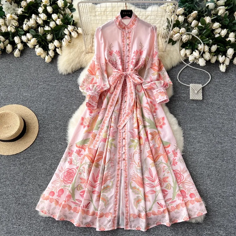 

Long Dress Dress Printed Dress Retro Stand-up Collar Lantern Long Sleeve Single-breasted Waist Strap