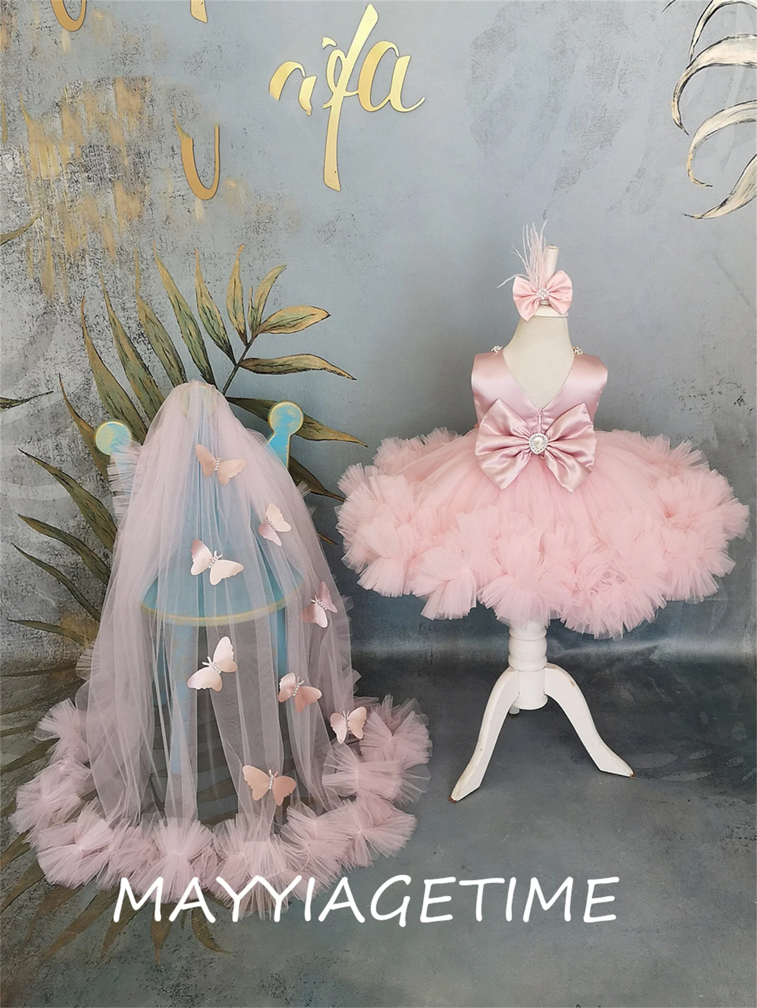 

Puffy Girl Dress Pink Baby Dress with Train Flower Girl Dress Bow Cute Kid's Child Birthday Dresses Frist Communion