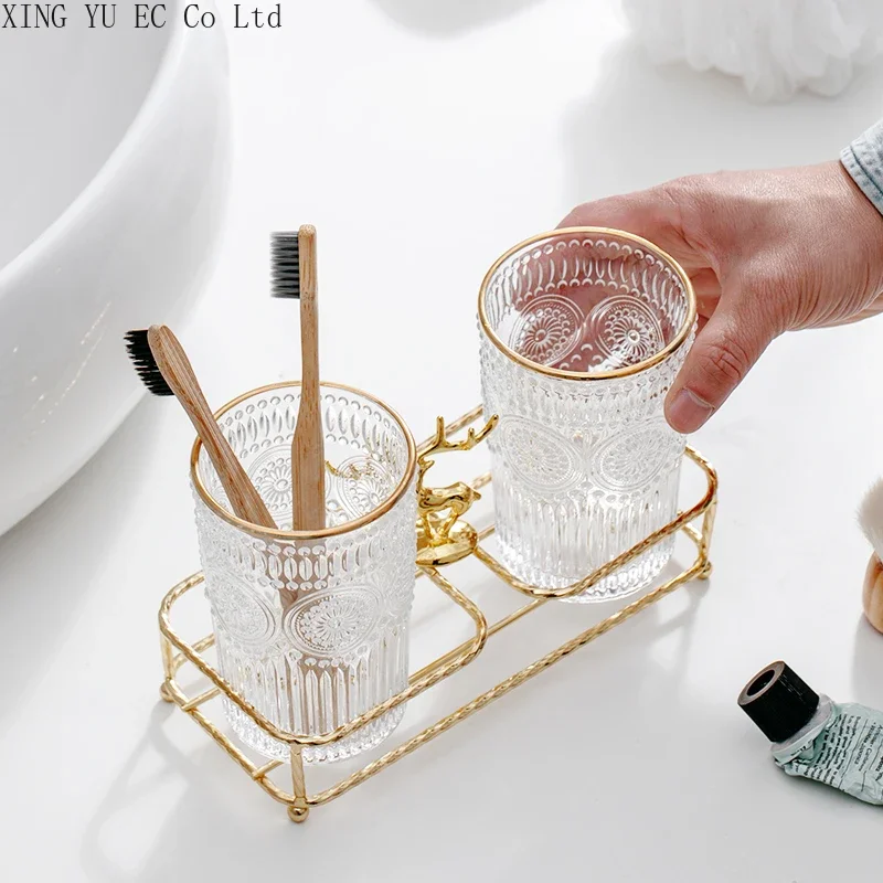 Bathroom Supplies Glass Mouthwash Cup Set Light Luxury Simple Golden Elk Iron Shelf Tooth Cylinder Cup Couple Brushing Cup Pair