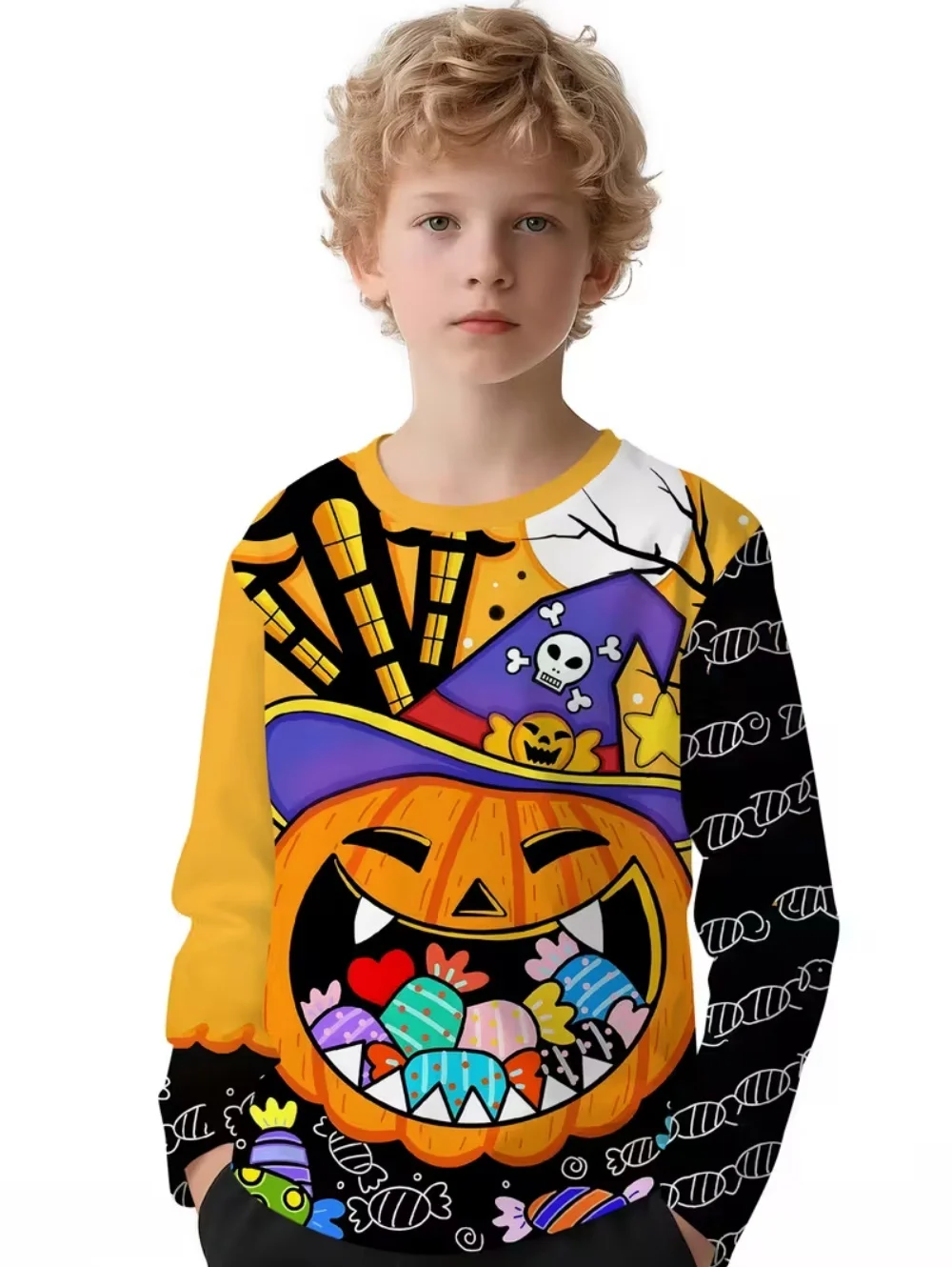 

Halloween Boys T-Shirt Pumpkin Cartoon Print Autumn Long Sleeve Tee Casual Children Tops Outdoor Comfortable Children's Clothing
