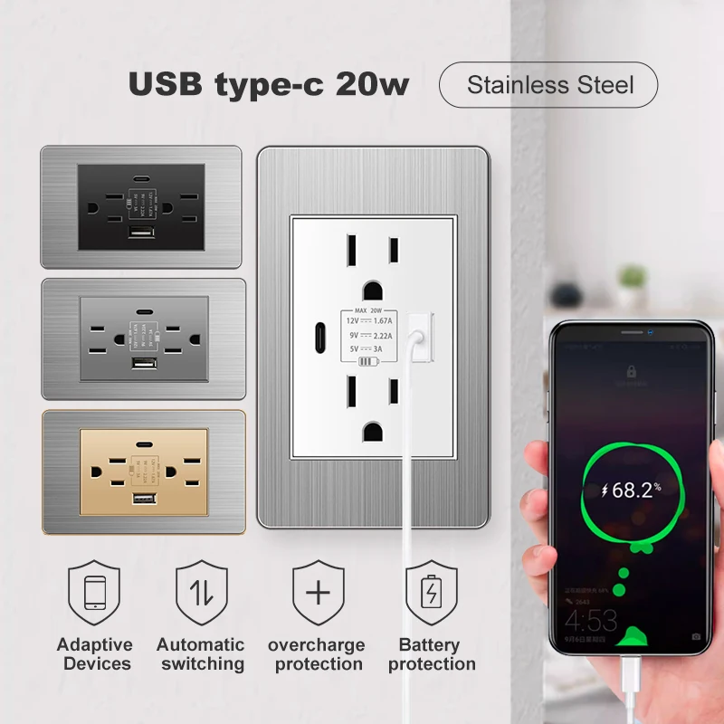 مقابس قياسية ، أجهزة منزلية ذكية حائطية ، لوحة من الزجاج المقسى ، محول قابس ، USB من النوع C ، 3.1A شحن سريع