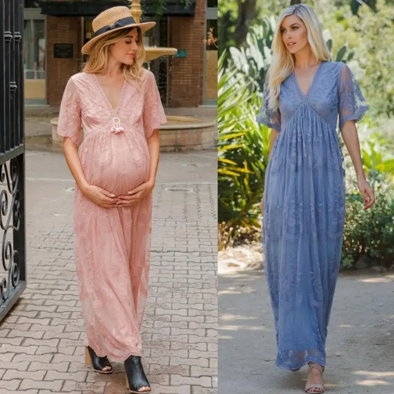 Elegant Maternity Lace Maxi Dress Comfortable Polyester Fabric Flowy Designs Photo Dress for Pregnancy Photoshoot A2UB