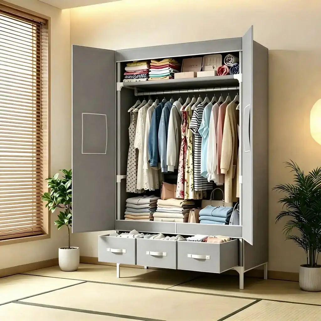 Portable Closet Wardrobe, 57.48-Inch Clothes Organizer With 3 Hanging Rods, 3 Shelves And 3 Drawers, Non-Woven Fabric Cover, Large Capacity Storage For Bedroom And Living Room, Grey.