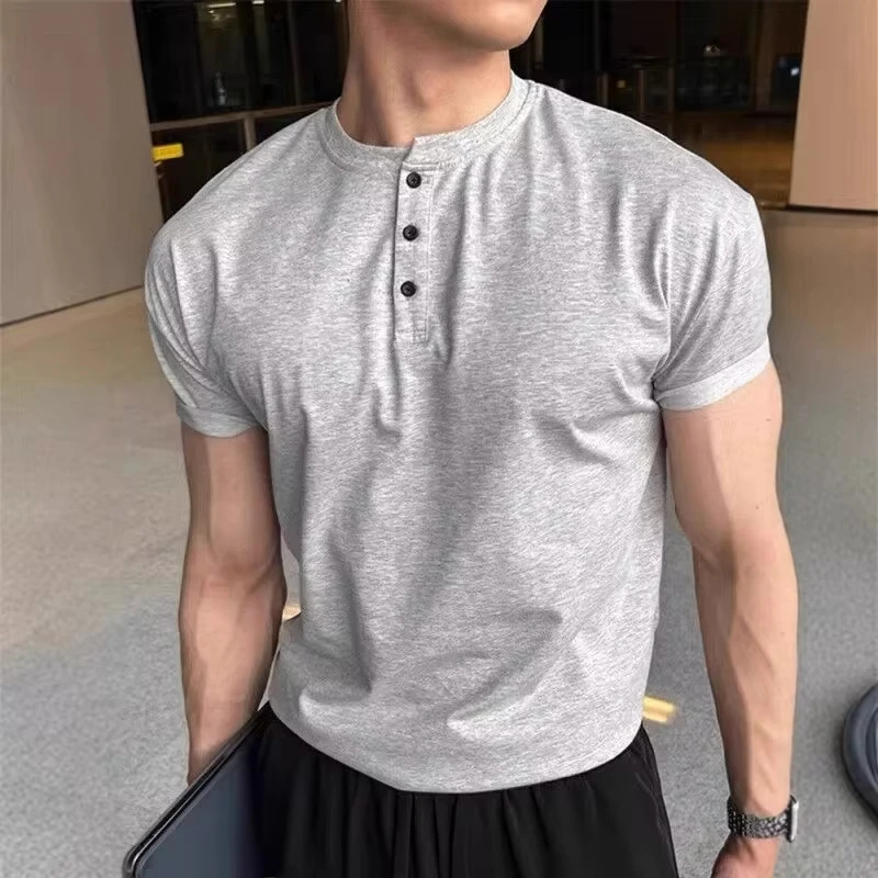 

American Summer New Fashion Men's Breathable Outdoor Solid Color Casual Trendy Short Sleeve O-neck Button T-shirts Male Clothes