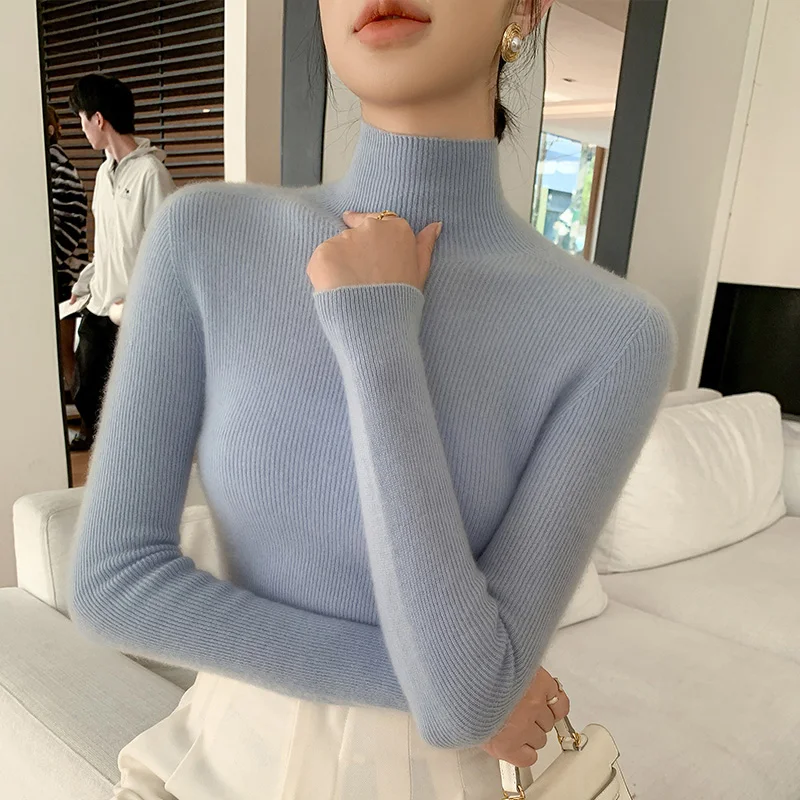 Suéter básico de Cachemira para mujer, jersey de cuello alto de lana merina, suave y delgado tejido de punto, novedad de otoño e invierno, 100%