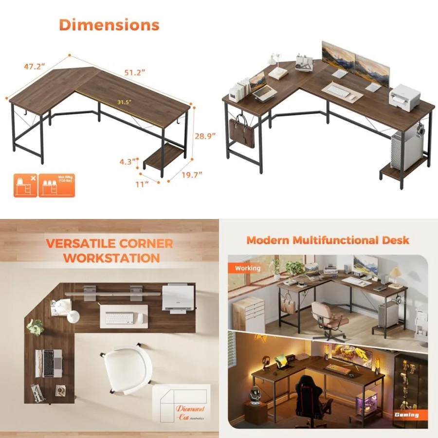 

Large L Shaped Desk, Simple Corner Gaming Desk with CPU Stand and Hooks, Computer Desk for Home, Bedroom and Office Workspace
