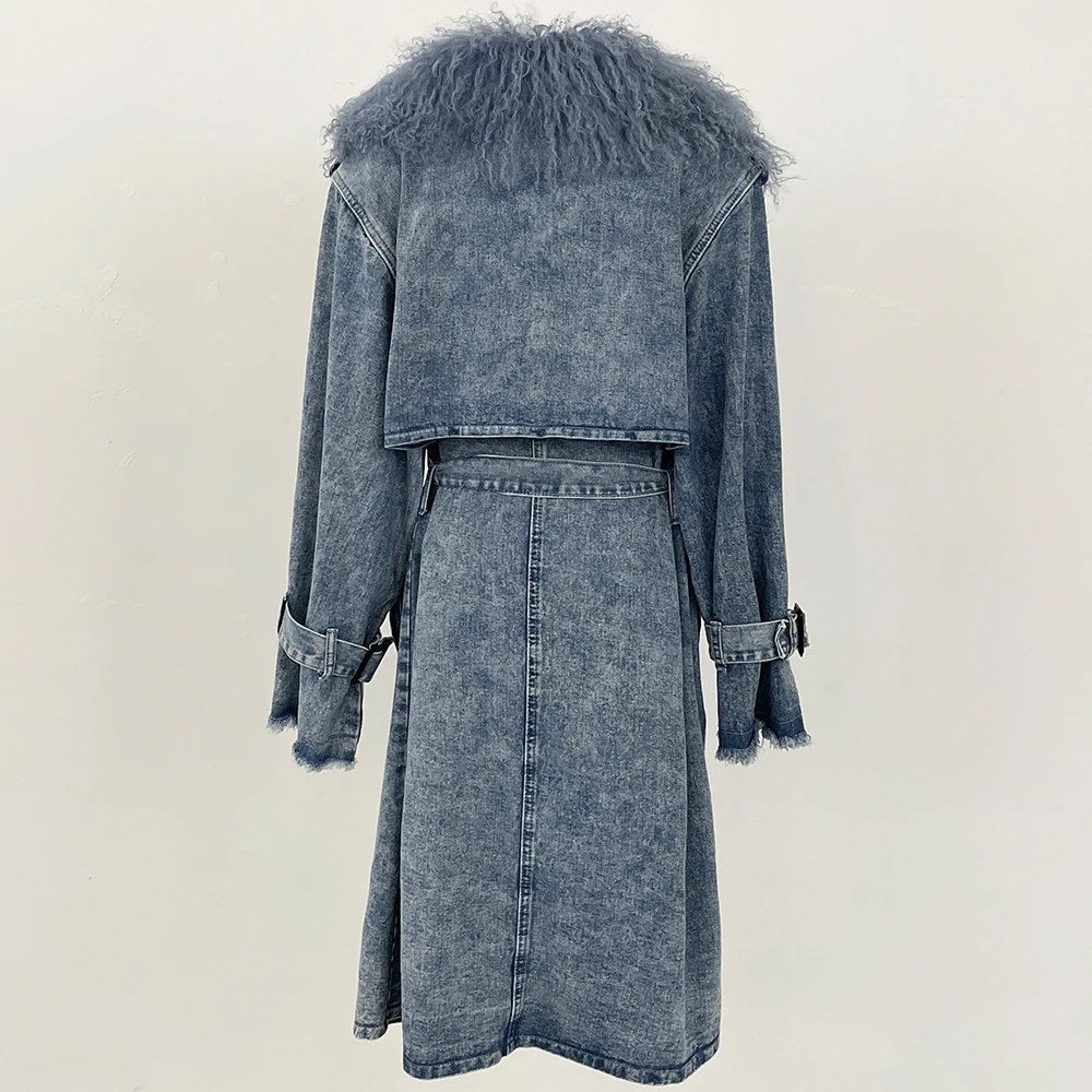 MENINA Outono Inverno Casaco Mulheres Real Mongólia Pele de Ovelha Jaqueta Jeans Cinto Longo Jaqueta Feminina Manga Longa Roupas de Pele Real