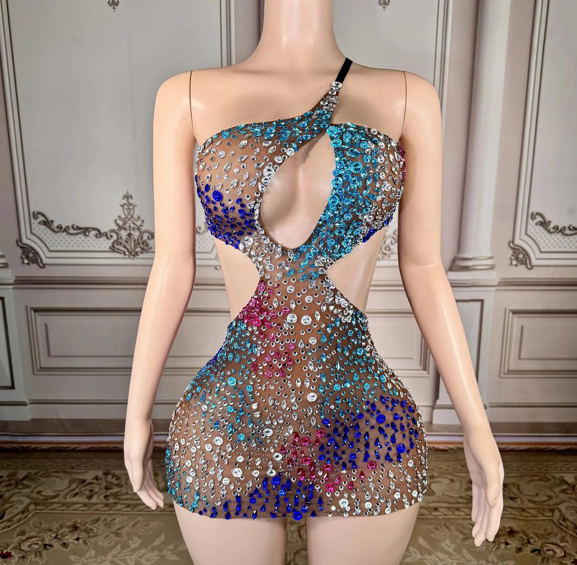 

ZD Sexy Transparent Rhinestone Sleeveless Mirror Mini Dresses Birthday Party Outfit