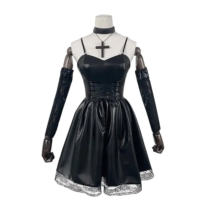 Women's Japanese Anime Cosplay Misa Amane Dress with Lace Trim Gothic Style Costume Imitation Leather Sexy Dress Halloween