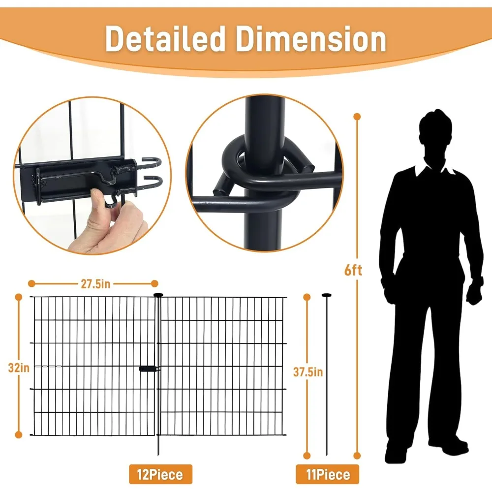 12 لوحة سياج حديقة مزخرف للفناء، 32 بوصة (ارتفاع) × 28 قدم (طول) مع قفل البوابة سياج خارجي حاجز حيوانات سياج Rustp #2