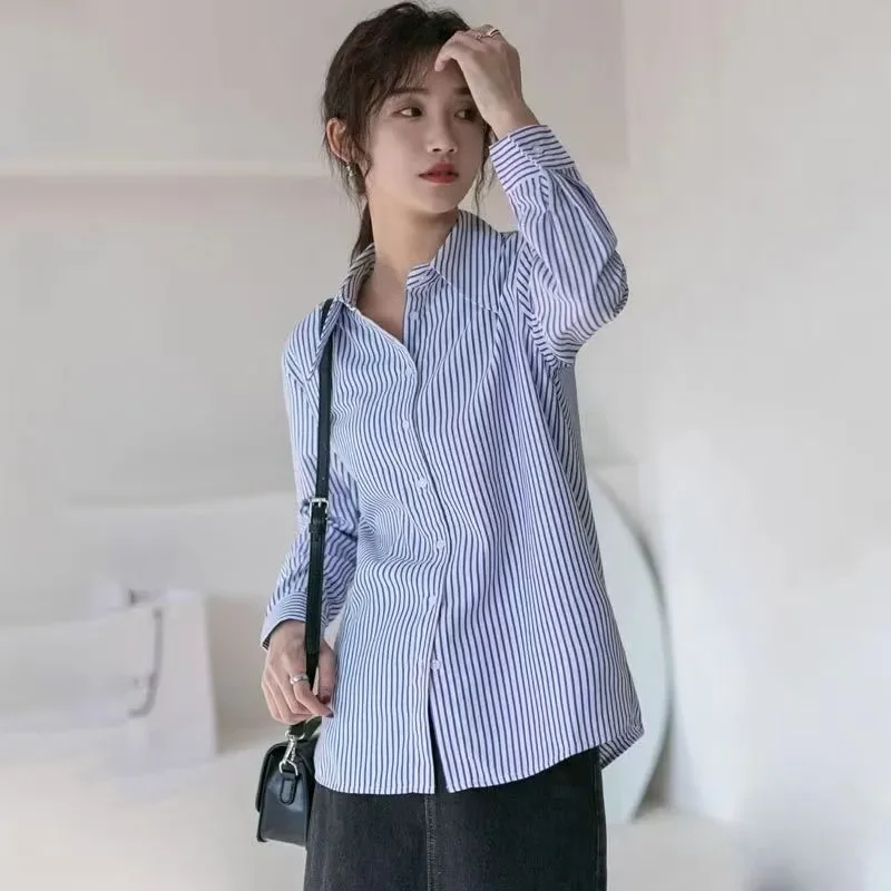 

Женские весенние повседневные полосатые рубашки с длинным рукавом, на пуговицах, с отложным воротником, свободного кроя