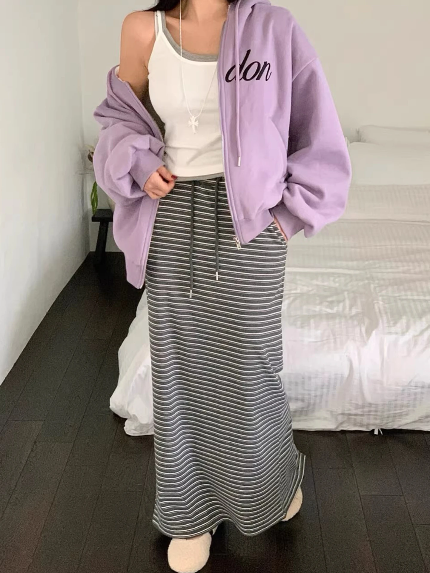 레트로 다용도 컬러 블록 스트라이프 스커트 여성용 초봄 신축성 허리 벨트 스트레이트 롱 스커트