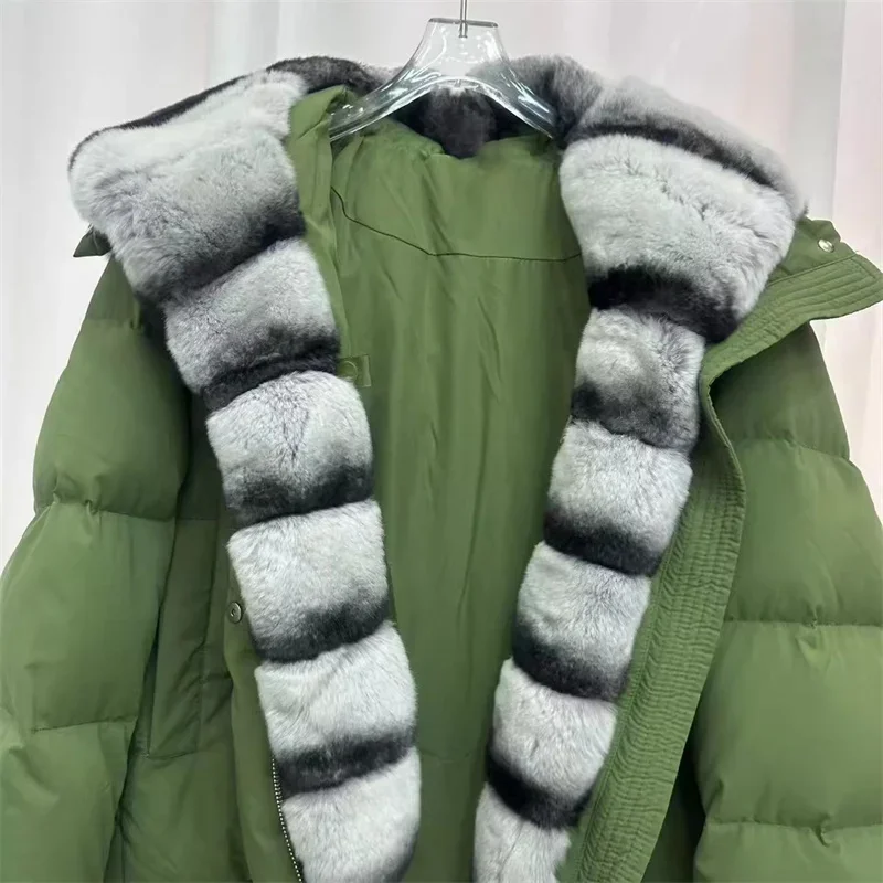 Women's winter jacket 2025 New detachable rabbit fur collar hooded down jacket White duck down filled down coats warm thick coat