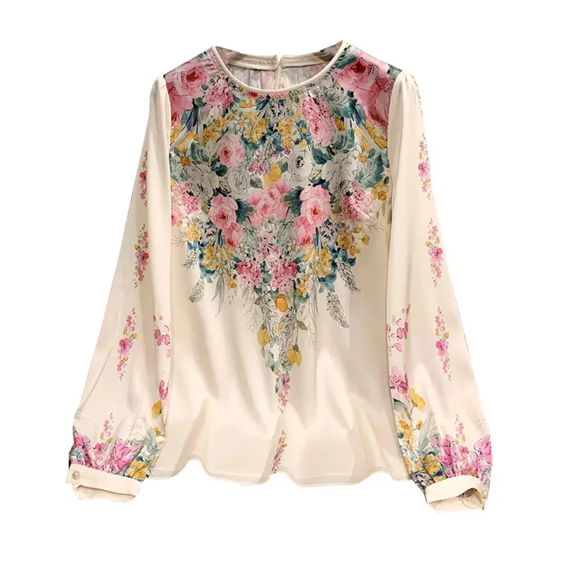 Beige Floral Print O-Neck Casual Long Sleeve Chiffon Pullover Women\'s Blouse Shirt Korean Fashion Female Clothing Tops Spring