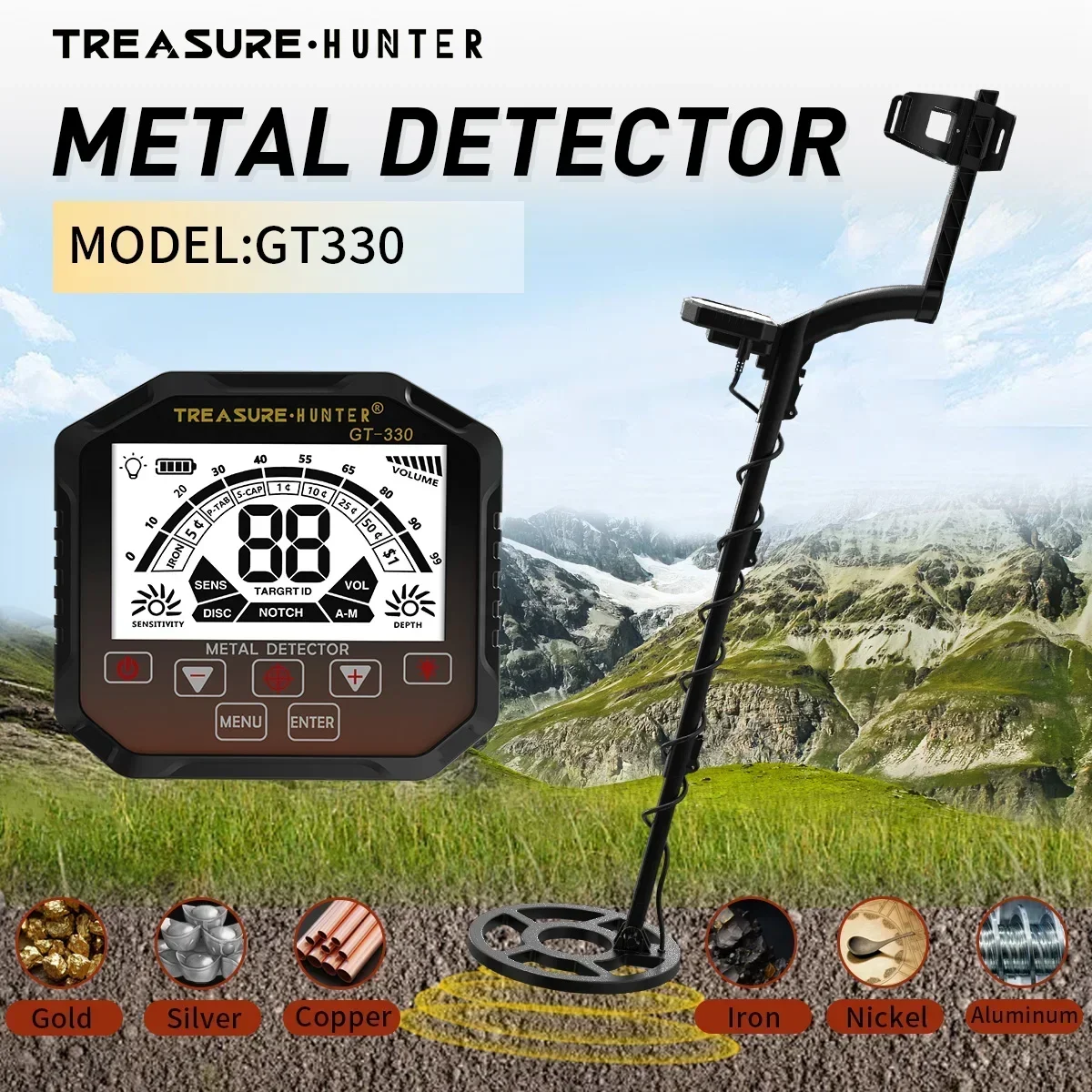 Metal detector sotterraneo GT330 Treasure Hunter Gold 10 '' bobina Metal Detecting Gold Coin Caccia al tesoro Impermeabile