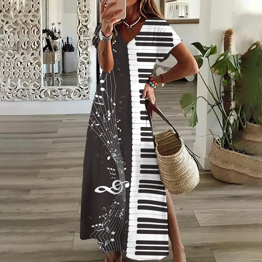 2024 Black And White Music Note Print Women\'s Dresses Plus Size Elegant Dresses Female Long Dresses Summer  Women\'s Clothing