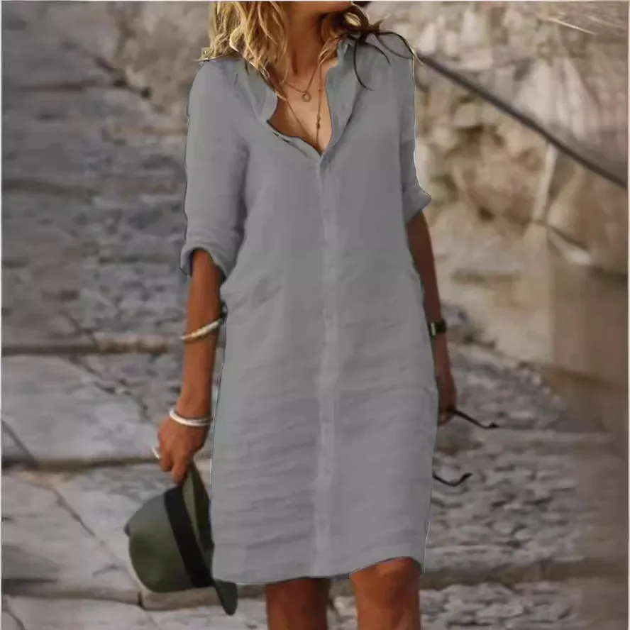 Locker sitzendes Baumwoll-Leinen-Knöpfe-Midikleid Dr irt 2023, Independent Station CrossBord Ethernet Sle Sve Long Tern...