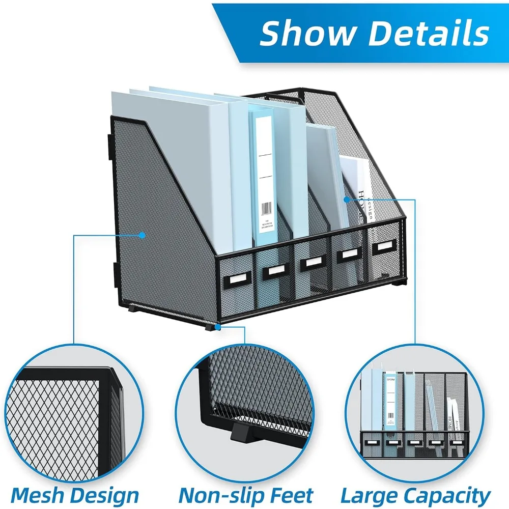 حامل ملفات مجلة مكتبي معدني مع 5 مقصورات عمودية منظم ملفات لسطح المكتب والأعمال المنزلية