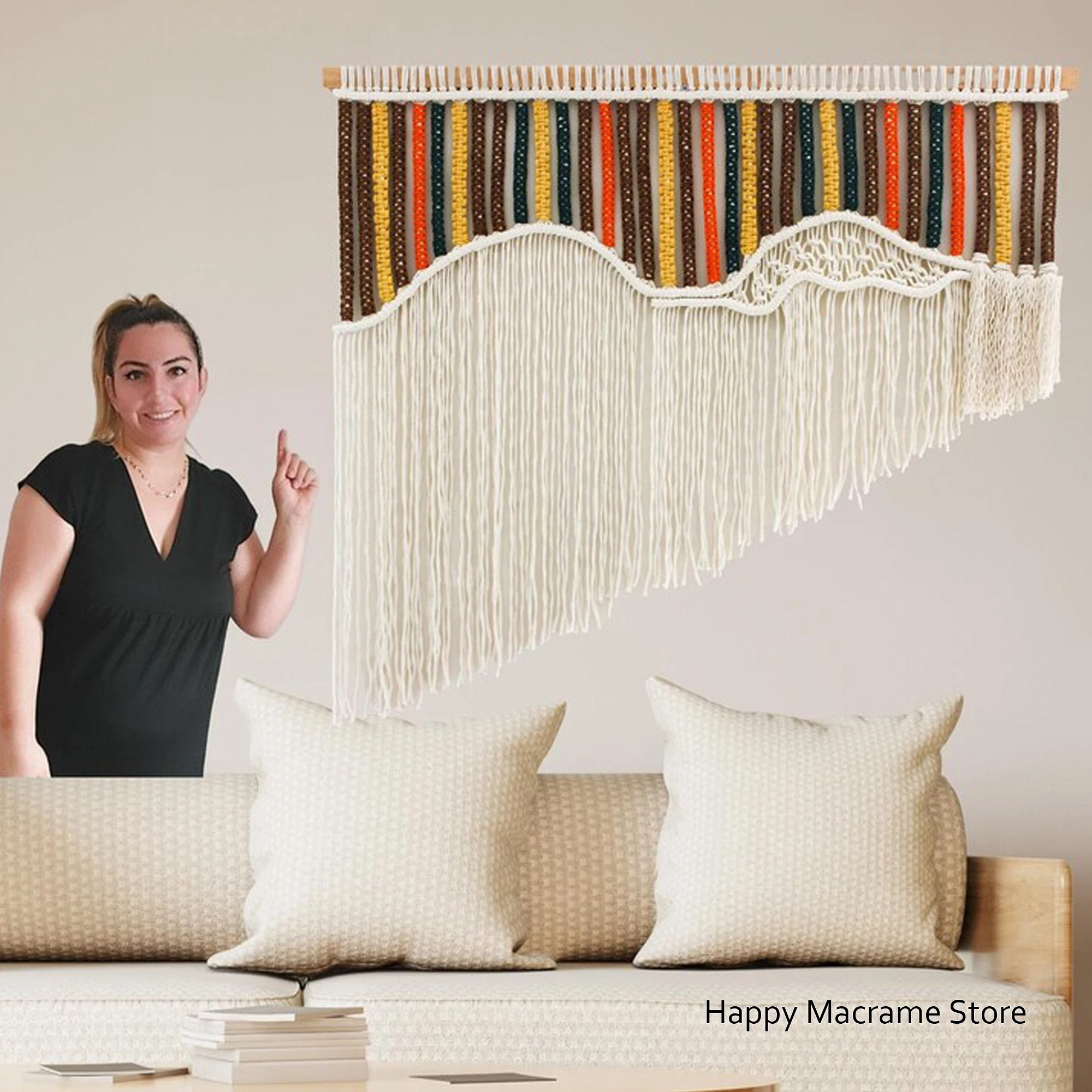 

Modern Wall Decor Colorful Fiber Art Large Macrame Wall Hanging Boho Home Decor headboard Wall Art Decoration-Rod Not Included