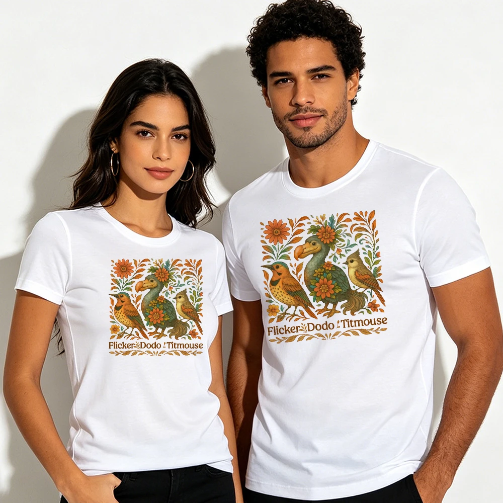 Flicker Dodo Titmouse Floral Bird T Shirt unisex Vintage Folk Art Graphic Tees Casual Wear Short Sleeve Apparel for Bird Lovers