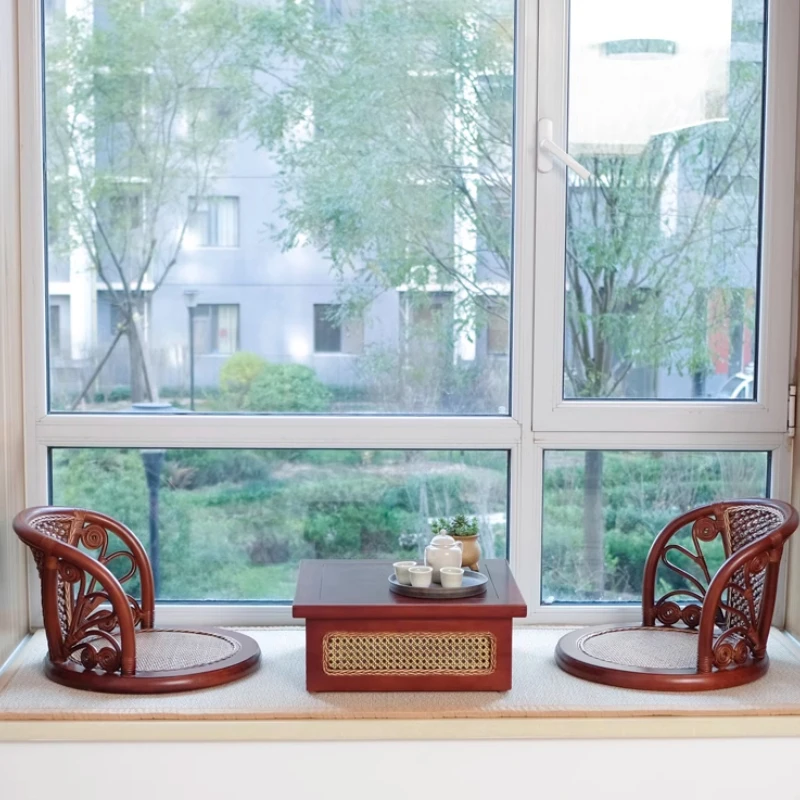 Japanese Rattan Tatami Lazy Chair Bedroom Solid Wood Bay Window Floor Seat Legless with Backrest