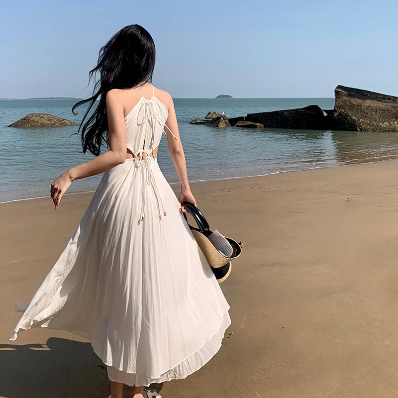 Thailand Sanya Travel Photography Beach Dress Seaside Holiday Dress Hollow White Suspender Dress