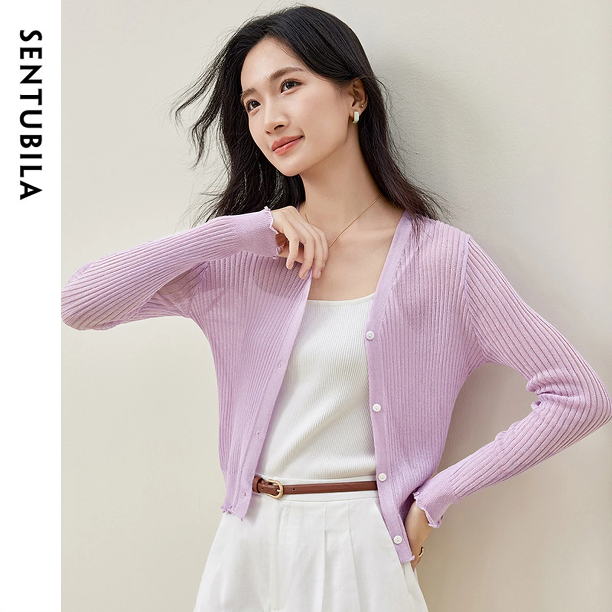 SENTUBILA 슬림 핏 니트 가디건 여성 2025 봄 가을 출퇴근용 브이넥 긴팔 스플라이스 버튼 아우터웨어 탑스 W51H58624