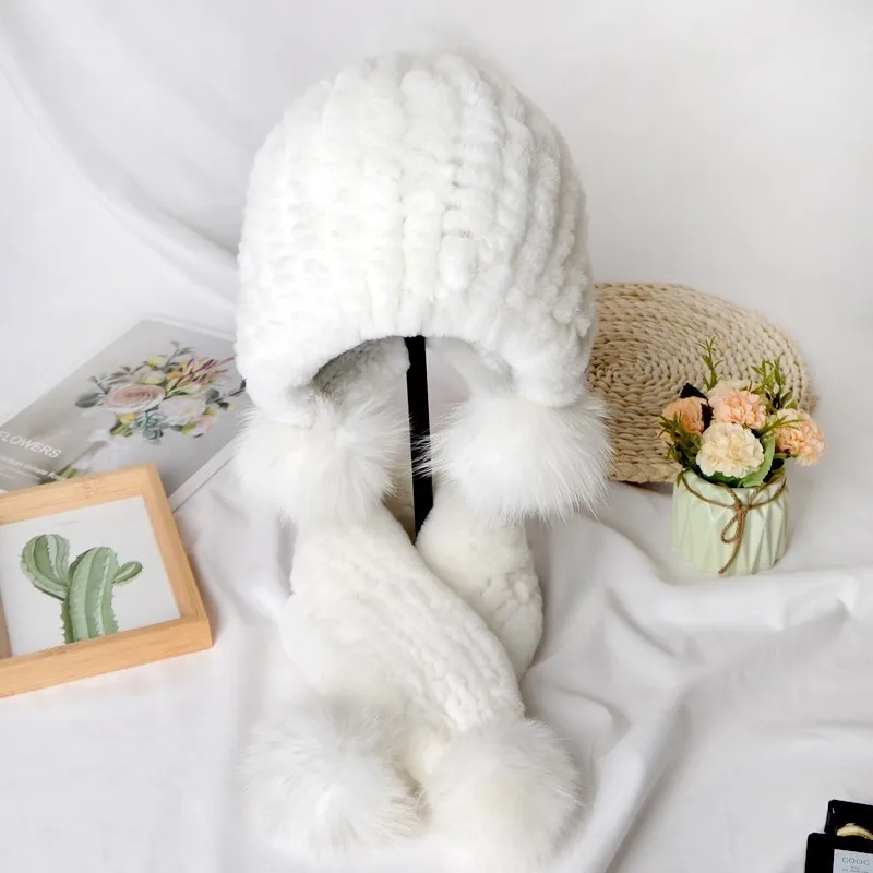 الأطفال الشتاء الدفء ريال ريكس أرنب الفراء قبعة وشاح مجموعات الفتيان والفتيات محبوك سميكة 100% ريال ريكس أرنب الفراء قبعة الأوشحة #4