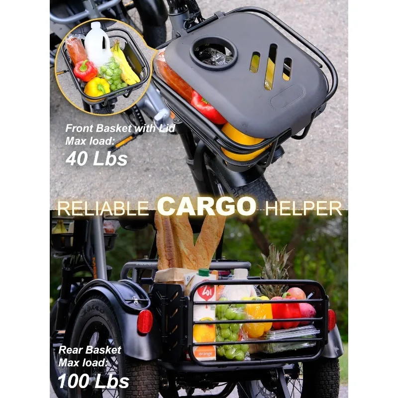 48V45Ah Folding Electric Tricycle with Reversing Function, Suitable for Freight 750W Torque Sensor Center Motor
