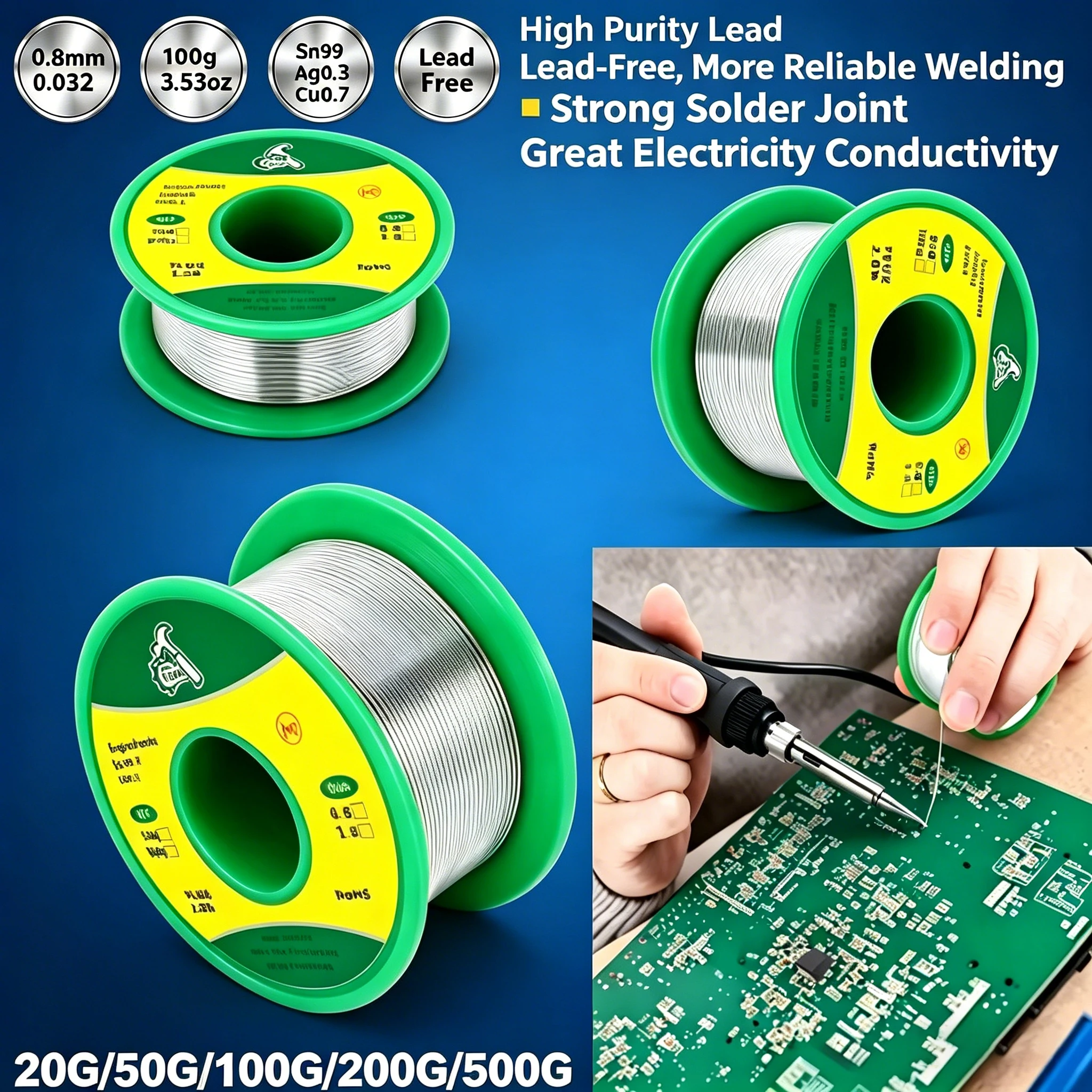 Alambre de soldadura sin plomo de 0.8/1mm, 20-500g, fino, con núcleo de flux de colofonia, para electrónica y soldadura eléctrica de calibre fino