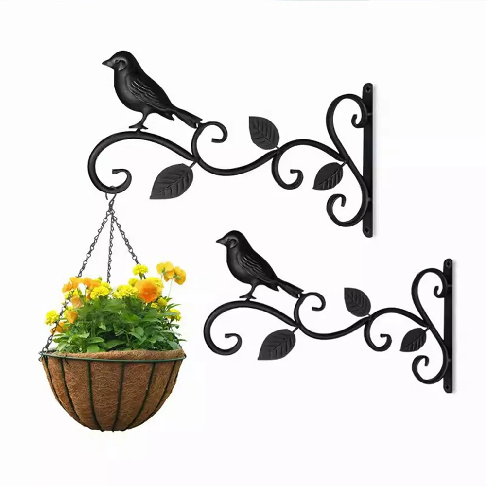 Wrought Iron Wall Mount Hanging Basket Bracket 2Pcs/Set 20KG(44LBS) Load Black Plant Flower Pot Holder Hook for Balcony Garden L