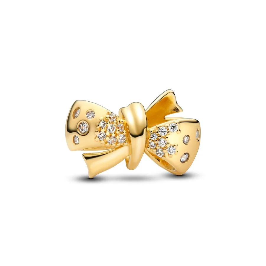 Gold Plated NEW Sparkling Round，Bow，Triple Clear Stone Safety Chain Charm Bead Fit Original Pandora Silver 925 Bracelet Jewelry