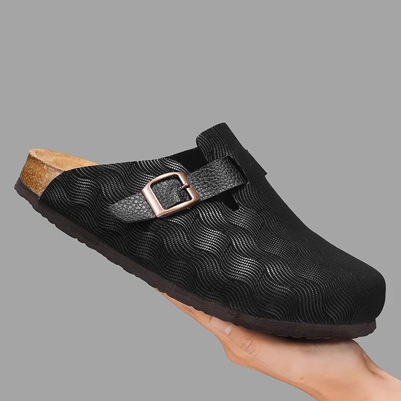 Men Women Wave Pattern Cork Clogs, Adjustable Buckle Slip-On Slippers, Non-Slip Closed Toe Mules for Outdoor Walking Home Office