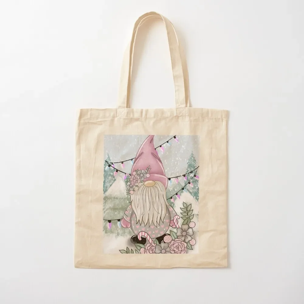 

Pink gnome gonk elf Christmas festive Snow scene Tote Bag reusable shopping bag Cloth bag