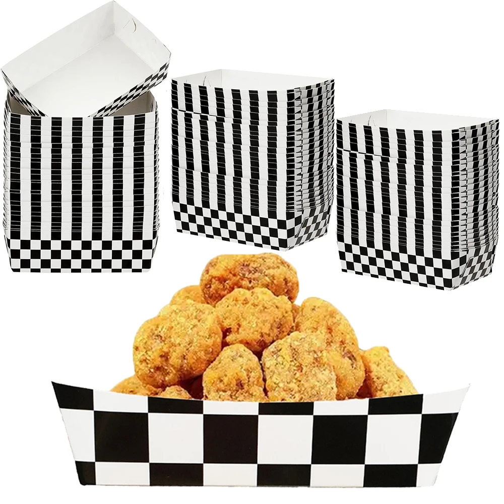 6/12/24pcs Race Car Paper Food Boats Boxes Black and white Checkered Disposable Food Serving Trays Racing Birthday Decorations