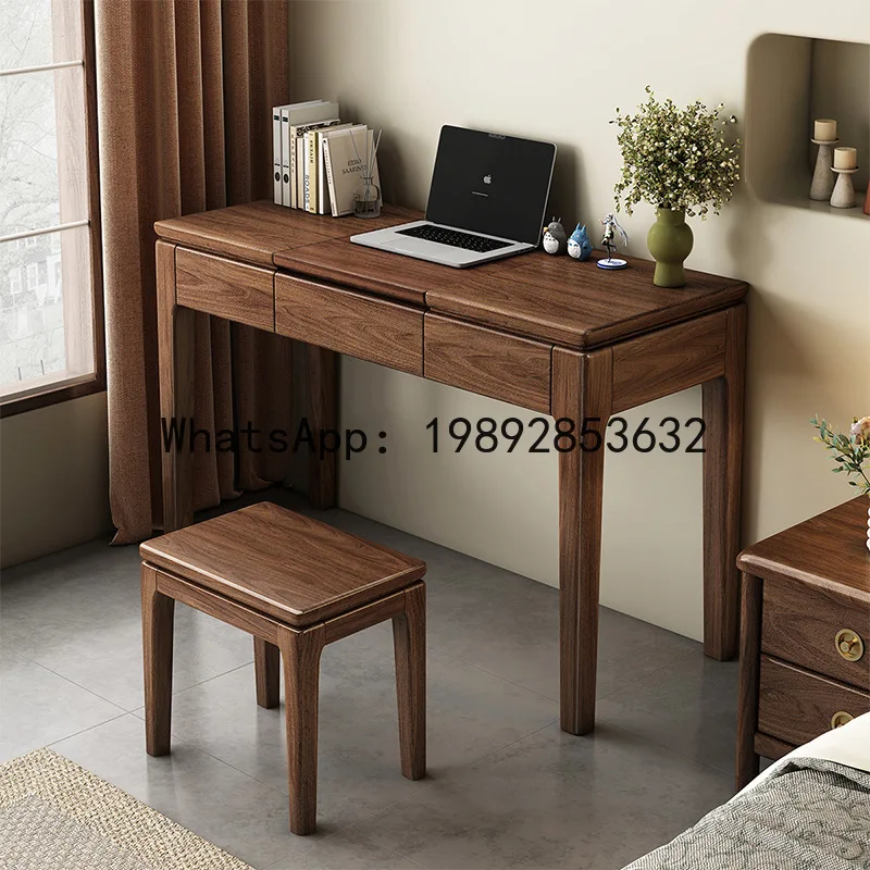 LYY Black Walnut Solid Wood Dressing Table Storage Desk Home Bedroom Vintage Style Makeup Table for Various Sizes