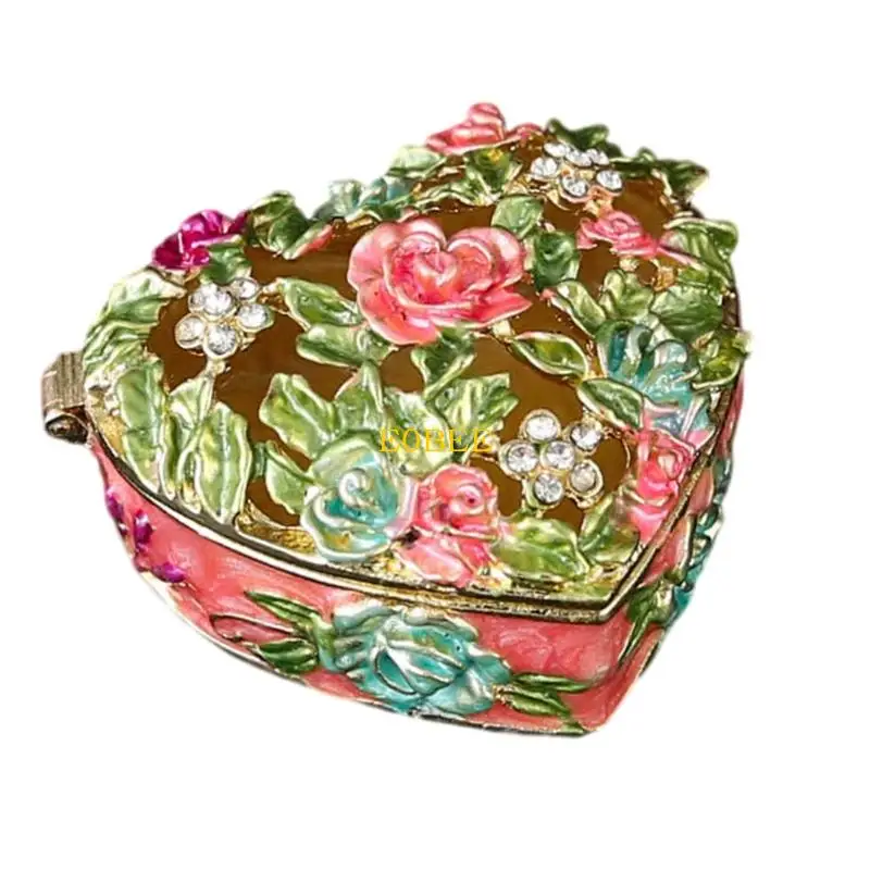

E0BE French Floral Enamel Jewelry Organiser Sturdy Zinc Alloy Compact Storage Box With Artistic Hand Carved