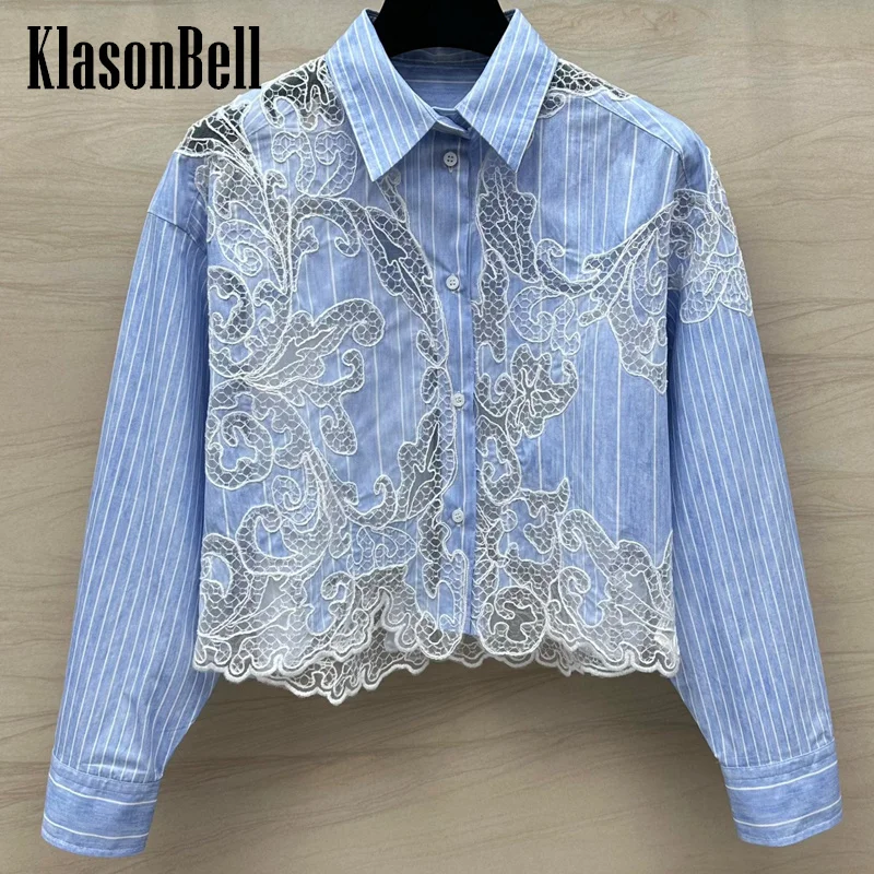 

6.21 KlasonBell Female Classic Chic Embroidery Hollow Out Spliced Striped Print Blouse For Women Sheer Mesh Short Casual Shirt