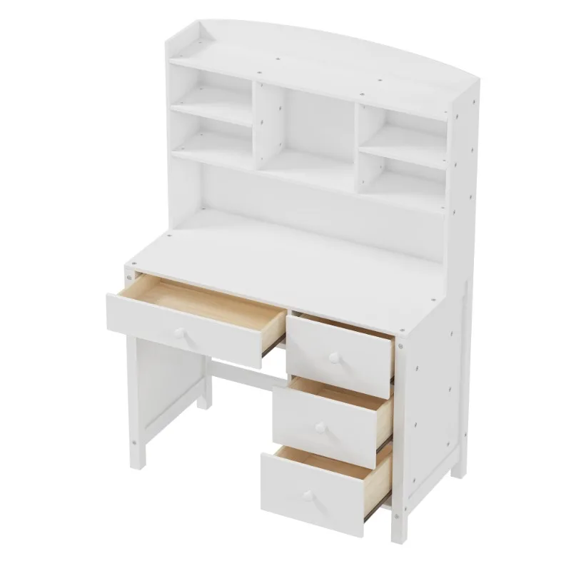 White wooden computer desk with shelves and drawers  home office study desk with chair modern laptop workstation