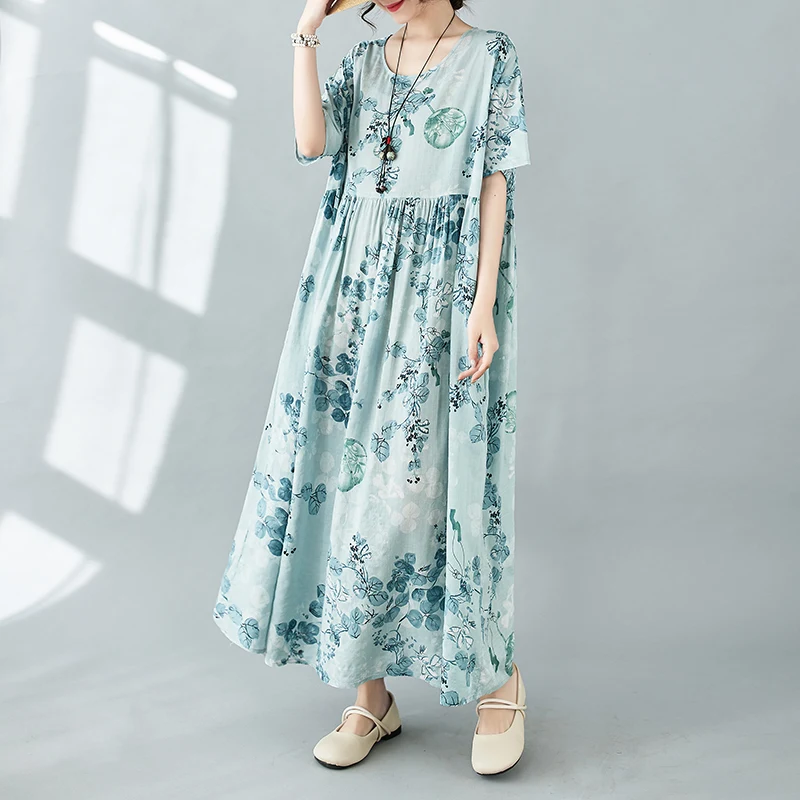 

NYFS 2024 Summer New Cotton Linen Womens Dresses Vestidos Robe Ete Femme Elbise Loose Short Sleeve Bohemia Print Long Dress