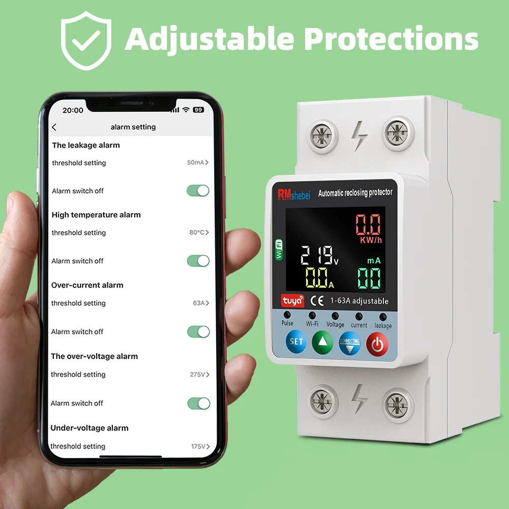RMshebei 투야 스마트 와이파이 회로 차단기 2P 63A 이중 차단 타이밍 스위치 과전압 저전압 과부하 누전 보호