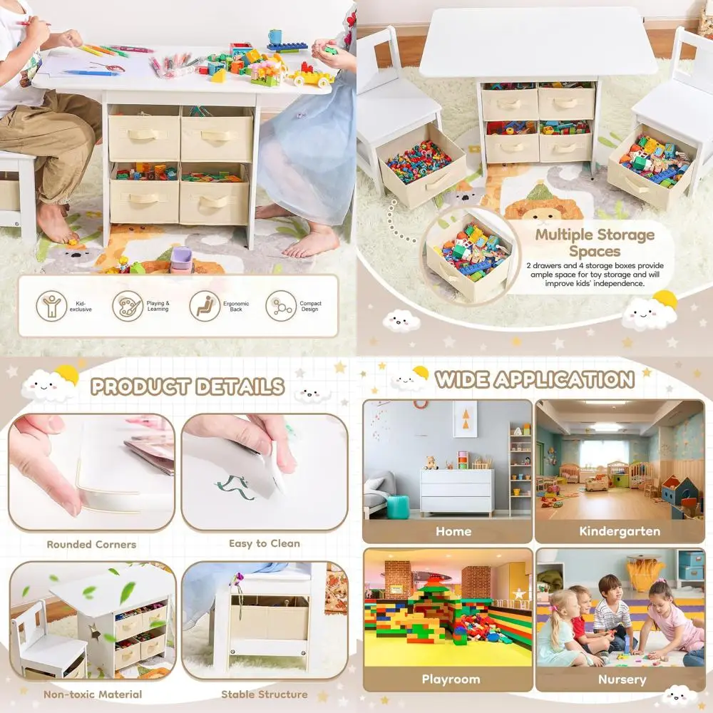 

Деревянный стол и стулья для малышей с местом для хранения, водостойкие, унисекс, белые