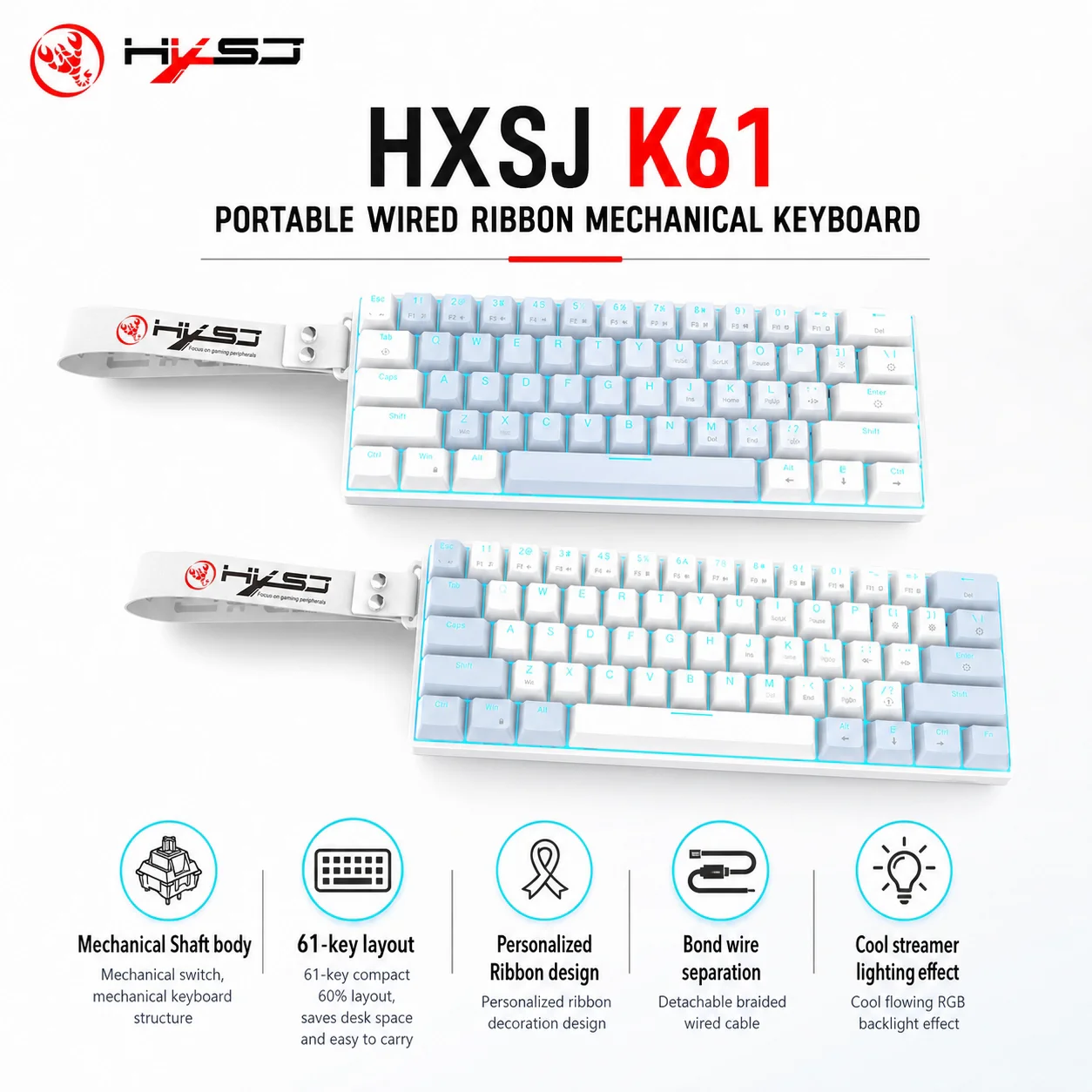 HXSJ K61Single-Mode Wired Mechanical Keyboard Lightweight Portable Gaming Keyboard RGB,ergonomic compact 60% layout for PC gamer