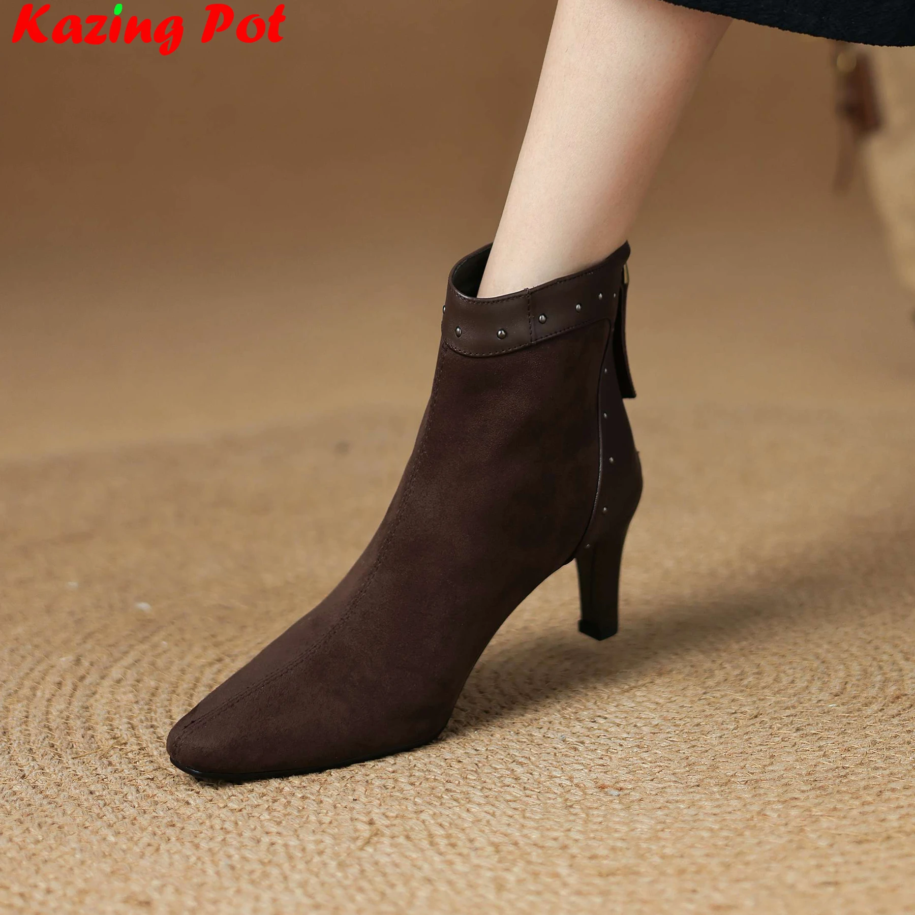 Plus Size 34-42 Flock High Heels Zipper Modern Boots Keep Warm Winter Shoes Fashion Retro Office Lady Rivets Dating Ankle Boots