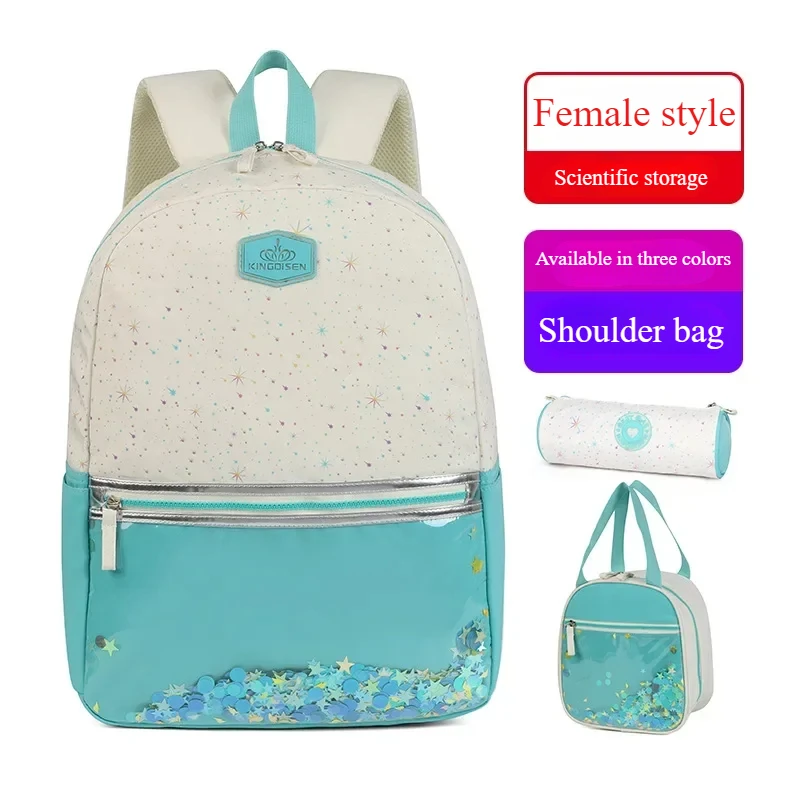 Girls Backpack for School Perspective Sequin Backpack 3 Pcs Set Bag, Pencil Case Ultra Light Spine Protection Children Backpack