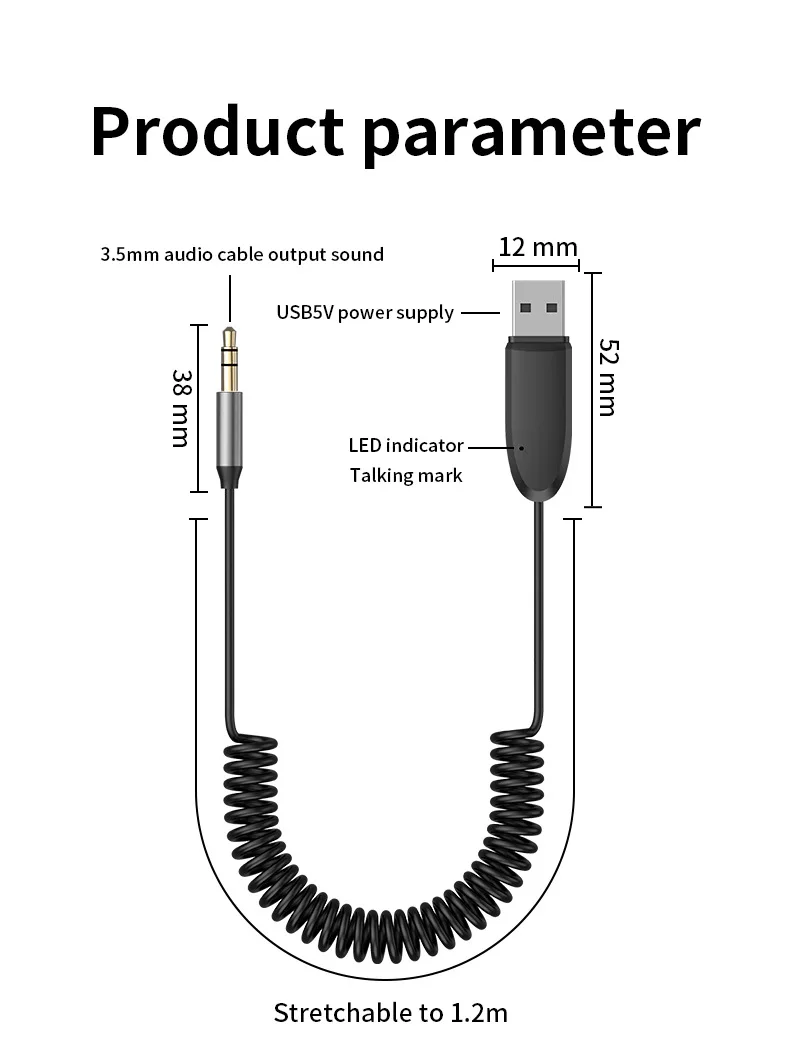 차량용 블루투스 5.4 Aux 어댑터, 무선 블루투스 5.0 리시버, USB 3.5mm 잭, 오디오 음악 마이크, 핸즈프리, 자동차 스피커용