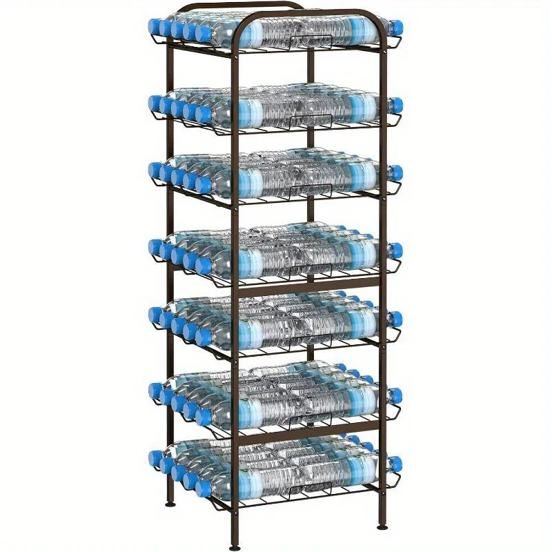 

7 Tier Water Bottle Organizer Free Standing Vertical Metal Water Bottle Rack Shelf Adjustable Water Bottle Beverage Drink Stand Holder For Kitchen Pantry Food Storage, Black, White, Brown