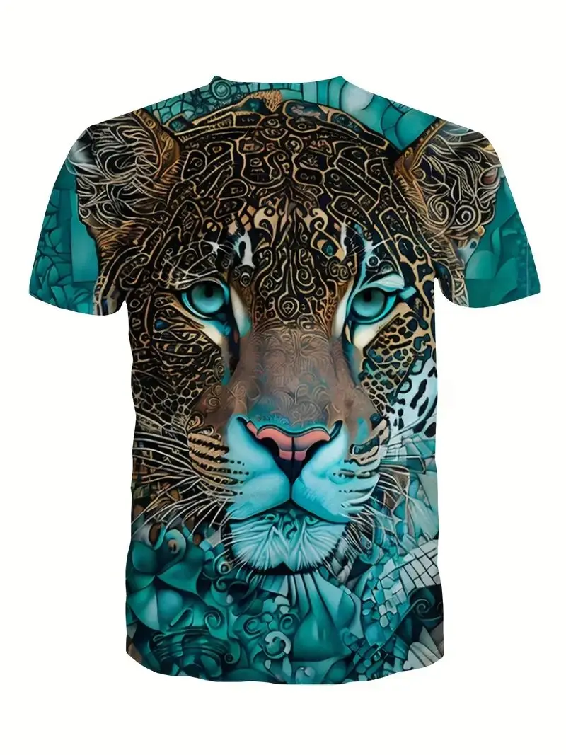 Leopard print 3D digital Print men's graphic T-shirt, Causal Comfort T-shirt, short-sleeved pullover top, men's summer wear